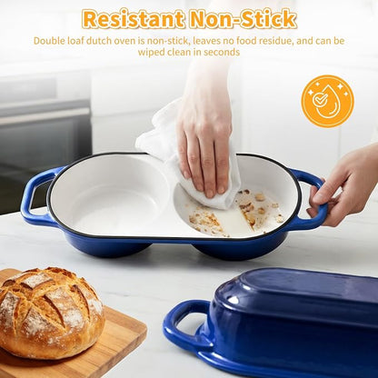 Mini Double Dutch Oven For Sourdough Bread Baking, 2.2QT Enameled Cast Iron Dutch Oven Pot With Lid, Non Stick Dual Round Bread Loaf Pan, 500°F Oven Safe, Sourdough Baking Pan For Homemade Baking