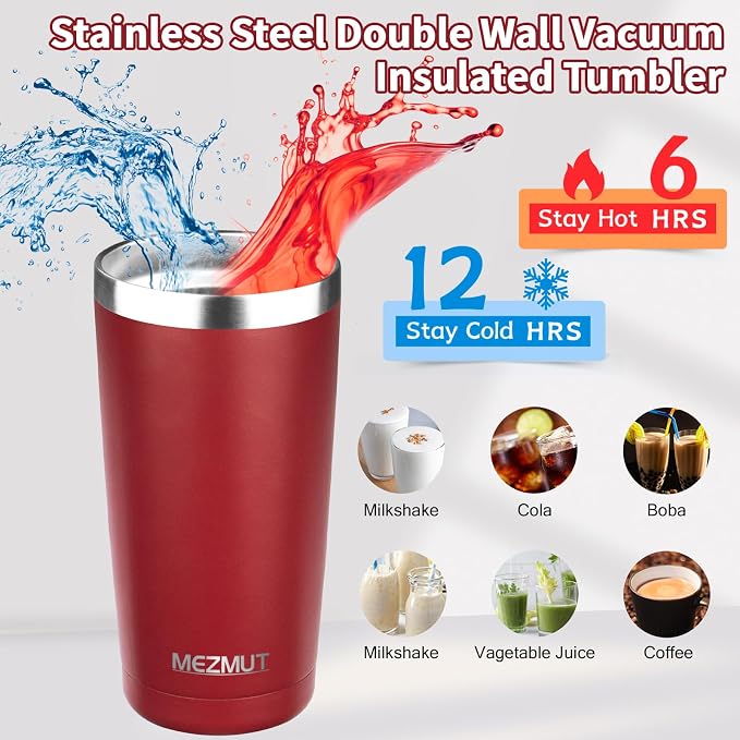 MEZMUT 20oz Tumbler Coffee Travel Mug with Daul Lid and Straw, Stainless Steel Double Wall Vacuum Spill Proof Insulated Tumbler, Hot or Iced Coffee Cups for Drinks (1Pack, Deep Red)