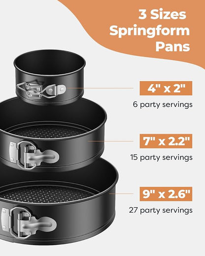 Kootek Cake Pan Set of 3, Nonstick Springform Pans with Removable Bottom, 4, 7, 9 Inch Round Cheesecake Baking Pans with 50 Pcs Parchment Paper Liners