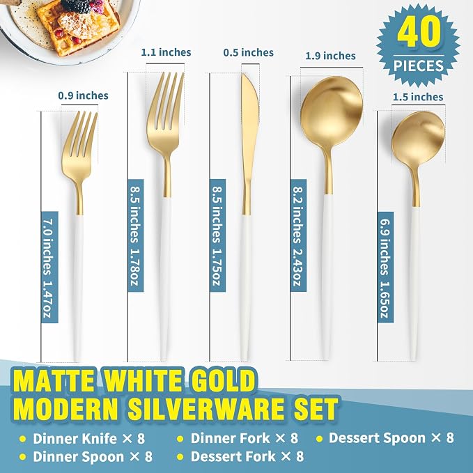 Lemeya Matte White Gold Silverware Set for 8,Modern Stainless Steel Brushed Cutlery Set,40-Pieces Heavy Duty Flatware Set,Knives Spoons and Forks Set Utensils Set, Satin Finish, Dishwasher Safe