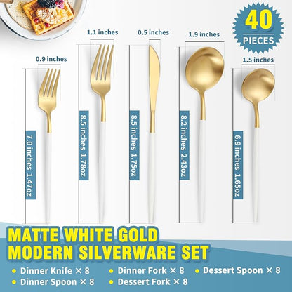 Lemeya Matte White Gold Silverware Set for 8,Modern Stainless Steel Brushed Cutlery Set,40-Pieces Heavy Duty Flatware Set,Knives Spoons and Forks Set Utensils Set, Satin Finish, Dishwasher Safe