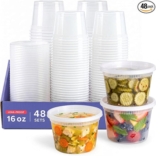 GUSTO [48 Sets 16 oz. Plastic Deli Disposable Food Storage Containers With Airtight Lids (Formerly Comfy Package)