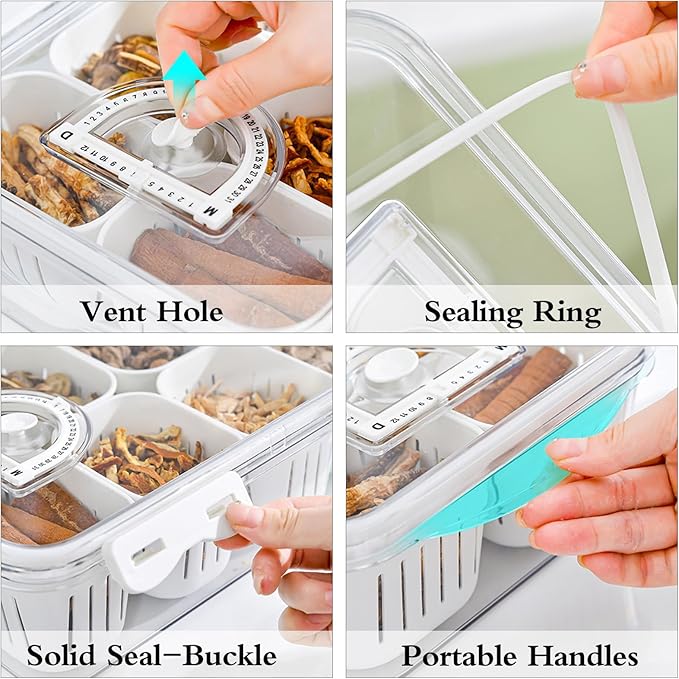 Divided Food Serving Tray with Lids Stackable Snackle Box for Candy Nuts Spice Fruit&Veggie Container with 6 Small Dividers Plastic Storage Bins for Fridge Pantry Freezer