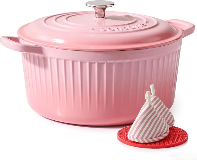 SENSARTE Enameled Cast Iron Dutch Oven Pot with Lid 3.5/5.5/6.5 Quart Heavy-Duty Round Dual Handles Kitchen Pot with Cotton Potholders & Silicone Trivet, Pot for Bread Baking, Stews, Braising, Roasting, Oven Safe, 6.5 Quart, Pink