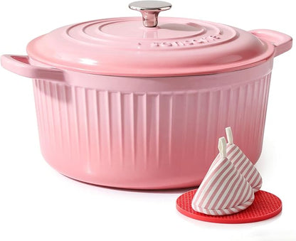 SENSARTE Enameled Cast Iron Dutch Oven Pot with Lid 3.5/5.5/6.5 Quart Heavy-Duty Round Dual Handles Kitchen Pot with Cotton Potholders & Silicone Trivet, Pot for Bread Baking, Stews, Braising, Roasting, Oven Safe, 3.5 Quart, Pink