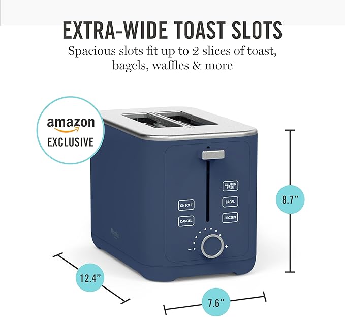Martha Stewart 2 Slice Toaster, 10 Shade Settings with Defrost, Cancel, Bagel & Gluten-Free, Extra-Wide Self-Centering Slots for Waffles & Artisan Bread, Removable Crumb Tray, Cord Wrap, Indigo Blue