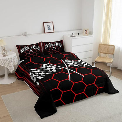 Manfei Extreme Sports Theme Comforter Set with 2 Pillowcases,Checkered Flag Super Soft Microfiber Bedding Set for Adults Teens,Red Honeycomb Geometric Duvet Set for Room Decor,King