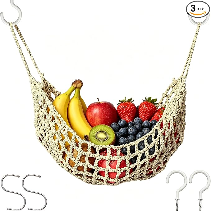 Hanging Fruit Hammock Under Cabinet with 4 Hooks - Macrame Boho Fruit Basket for Kitchen, Produce Net Storage to Save Counter Space, Ideal for Banana, Vegetable, Home, RV, Camper (Beige)