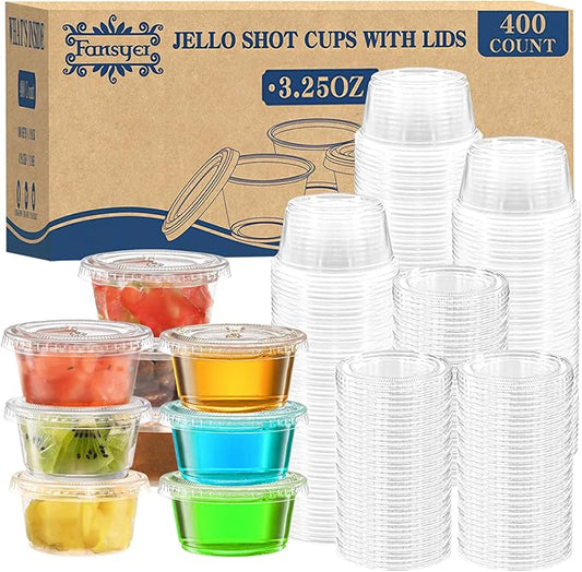 400 sets - 3.25 oz Portion Cups with Lids, Jello Shot Cups with Lids, Bulk ＆ Clear Sauce Cups for Meal Prep, Disposable Small Plastic Containers for Salad Dressing, Condiment, Snacks