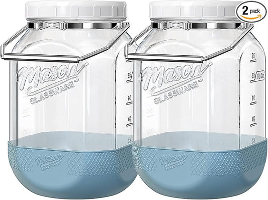 2 Pack Square Glass Containers with Airtight Lids, Wide Mouth Mason Jars, 1 Gallon Glass Jar With Handle & Non-slip Base & Scale Mark, 128 Oz Pantry Storage Canisters for Flour, Rice, Pickle