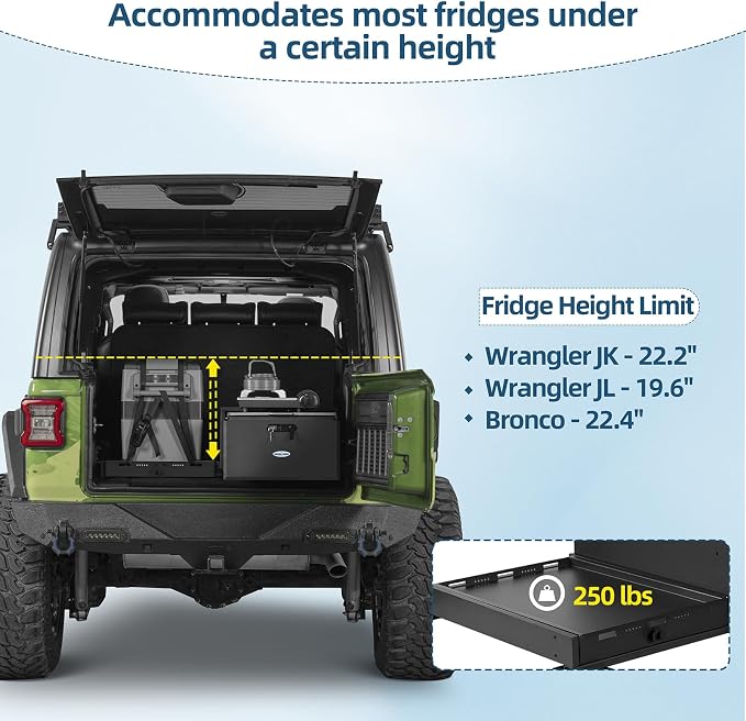 Hooke Road JK JL Bronco Trunk Storage Organizer & Fridge Slide Mount for 2007-2026 Jeep Wrangler JK JL 4-Door & 2021-2026 Ford Bronco 4-Door, Lockable Cargo Drawer Sliding Out Fridge Tray