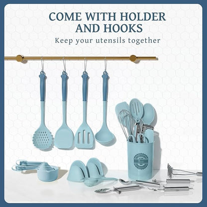 Kikcoin 43Pcs Large Kitchen Utensils Set - Silicone Cooking Utensils Set, Dishwasher Safe Spatula Set for Non-stick Cookware, 446°F Heat Resistant Kitchen Utensils Set with Holder BPA Free, Blue