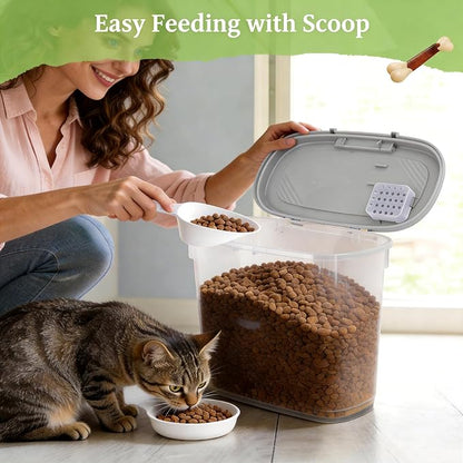 Gray White Airtight Dog Cat Food Storage Container 10 Lbs - Slim Tall Pet Food Treat Container with Lid, Scoop and Cup - Clear Plastic Dry Food Storage Bin for Dogs, Cats, Bird Seeds, Kibble, Pellets