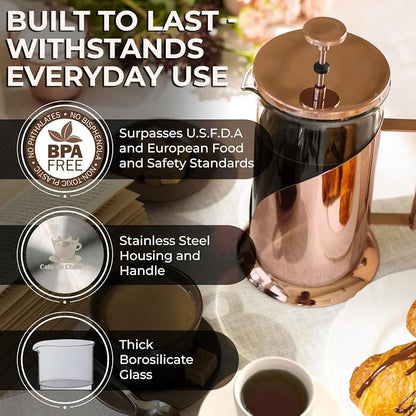 Cafe Du Chateau Stainless Steel French Press Coffee Maker 34 oz - Easy to Use Insulated Coffee Press with 4-Level Filtration, Manual Brewer for Tea, Camping & Travel with BPA Free, Durable Clear Glass