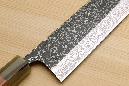 Yoshihiro Black-Forged High Performance SLD Damascus Steel Nakiri Vegetable Knife (7" (180mm), Ironwood Handle) (with Saya)
