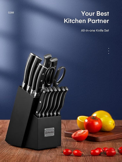 Knife Set, D.Perlla 15 Pieces Kitchen Knife Set with Built-in Sharpener, High Carbon Stainless Steel Knife Block Set with Unique Waved Pattern, Triple Riveted Ergonomic Handle, Black