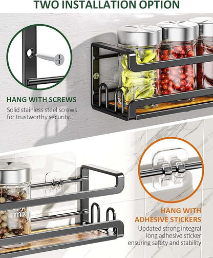 Doakhirmit Wall Mounted Spice Rack with 16 Hooks, Rustic Wood Spice Organizer Shelf for Stove Cabinet Pantry Door,Screw or Adhesive Hanging Spice Shelf,Wall Spice Rack in Kitchen and RV,6 Pack