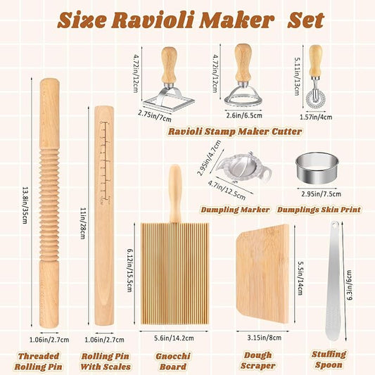 10 Pcs Pasta Making Tools Kit, Wooden Threaded Rolling Pin, Rolling Pin With Scales, Gnocchi Board, Dough Scraper, Dumpling Maker, 5 Ravioli Stamp Maker Cutter For Pasta Maker And Kitchen DIY Gift