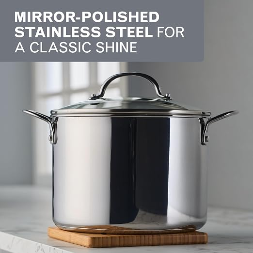 Farberware Millennium Stainless Steel Stockpot with Lid, Induction Ready, Compatible with All Cooktops, Metal Utensil Safe, 8 Quart Dutch Oven, Dishwasher Safe - Stainless Steel