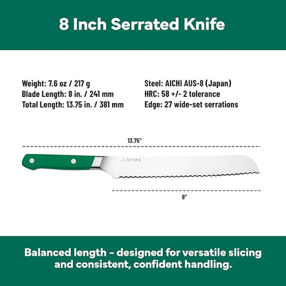 Misen Serrated Bread Knife - High-Carbon Japanese AUS8 Steel - Perfect for Soft Foods, Bread, Pastries, and Fruits - Verstatile Slicer, Razor-Sharp Edge, Durable Blade, Ergonomic Handle - 8", Green