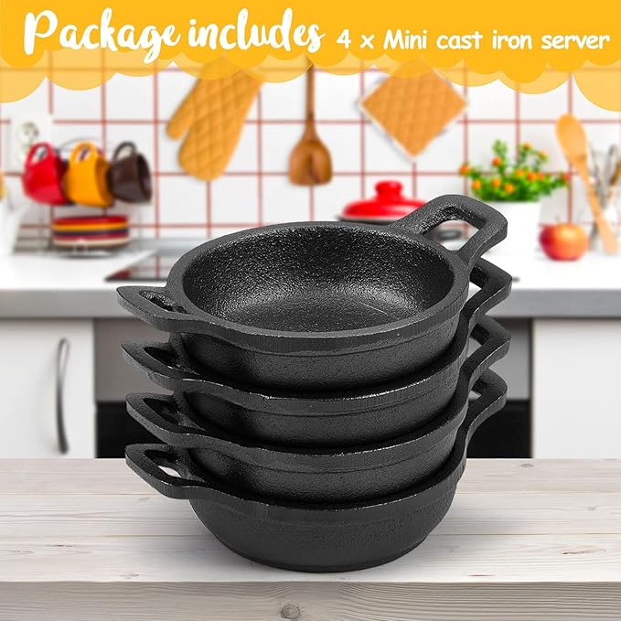 Ziliny 4 Pcs Small Cast Iron Skillets Set - Mini 4 x 1.2 Inches Skillet Ramekins With Handle - Black Serving Dishes Round Pan Oven Safe Cookware for Kitchen Picnic