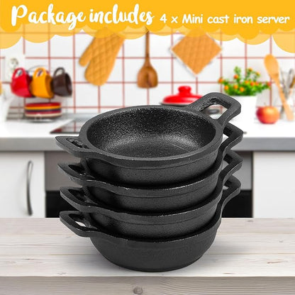 Ziliny 4 Pcs Small Cast Iron Skillets Set - Mini 4 x 1.2 Inches Skillet Ramekins With Handle - Black Serving Dishes Round Pan Oven Safe Cookware for Kitchen Picnic