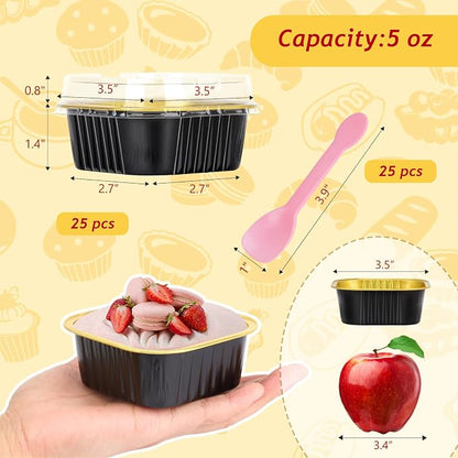 LNYZQUS 5oz Mini Cake Pans with Lids 25 Pack, Foil Baking Cups Small Muffin Tin Single Cupcake Containers, Square Individual Pan for Oven, Disposable Ramekins for Halloween Baking Gifts-Black