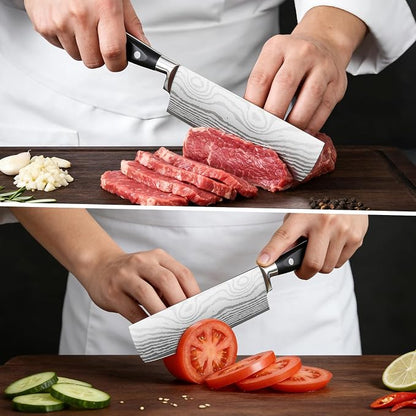Nakiri Knife 7 Inch, Razor Sharp Meat and Vegetable Kitchen Knife, High Carbon Steel Japanese Chef Knife, Multipurpose Chopping Knife With Full Tang Handle for Home Kitchen Cooking