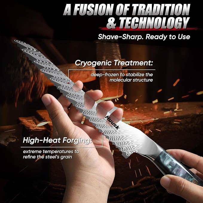 Huusk Serrated Bread Knife 8", Stainless Sourdough Bread Knife with Resin Handle & Cover for Homemade Breads Slicing, Hand Sharpened Breads Cutting Knives for Cake, Bagels, Baguettes, Gift Box