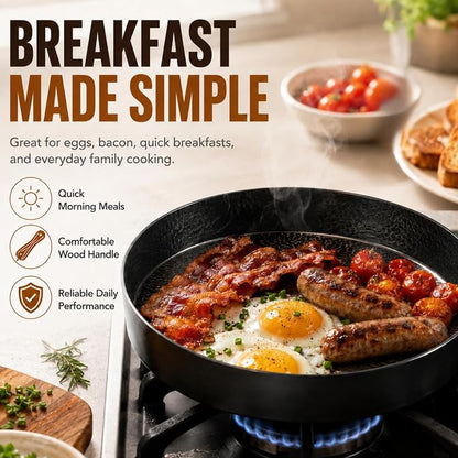Calmabode 9.5” Hand-Hammered Carbon Steel Pan with Wooden Lid | Nitrided carbon steel, flat bottom, detachable wood handle, ideal for eggs, steak, searing, sautéing and daily cooking