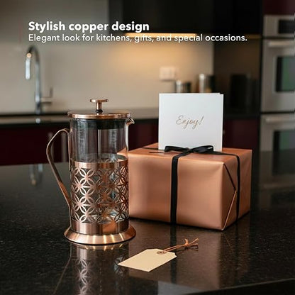 OVENTE French Press Coffee Maker 34 Ounce with Heat Resistant Borosilicate Glass, Stainless Steel Design and 4-Level Filter System, Portable Cold Brewer Pot for Travel, Camping or Gift, Copper FSF34C