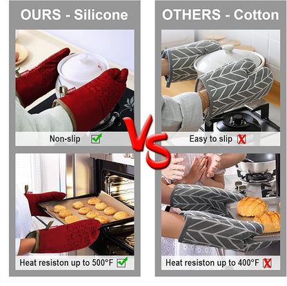KEGOUU Oven Mitts and Pot Holders 6pcs Set, Kitchen Oven Glove High Heat Resistant 500 Degree Extra Long Oven Mitts and Potholder with Non-Slip Silicone Surface for Cooking (Red)