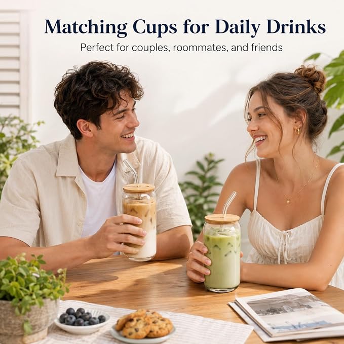 Glass Cups with Lids and Straws 2 Pack, 16 oz Iced Coffee Cups with Bamboo Lids, Reusable Glass Straws and Brushes for Matcha, Soda, Tea and Milk Tea