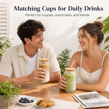 Glass Cups with Lids and Straws 2 Pack, 16 oz Iced Coffee Cups with Bamboo Lids, Reusable Glass Straws and Brushes for Matcha, Soda, Tea and Milk Tea