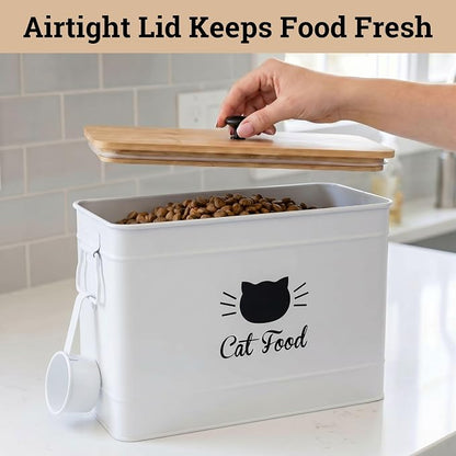 Cat Food Storage Container with Scoop - 15 lb (50 Cup) Capacity Metal Cat Food Container with Airtight Bamboo Lid & Metal Scoop - Airtight Pet Food Storage Containers - 15 lb Treats & Kibble Container