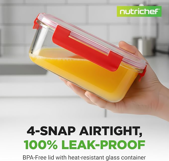 NutriChef 24-Piece Glass Food Storage Containers with Lids - 12 Stackable Heavy Duty Meal Prep Containers w/ 12 Airtight Lids - Microwave, Freezer, & Dishwasher Safe for Food, Snacks, & Fruit-(Red)