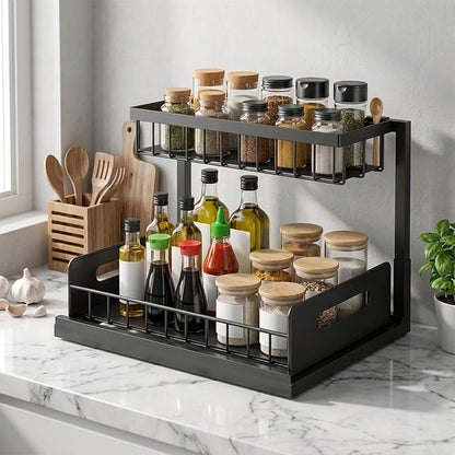 Under-Sink Storage Organizer (2-Pack) — Double-Tier Pull-Out Cabinet Organizer with Sliding Drawers ，Heavy-Duty & Versatile Storage Rack for Kitchen, Bathroom, and Pantry，Black