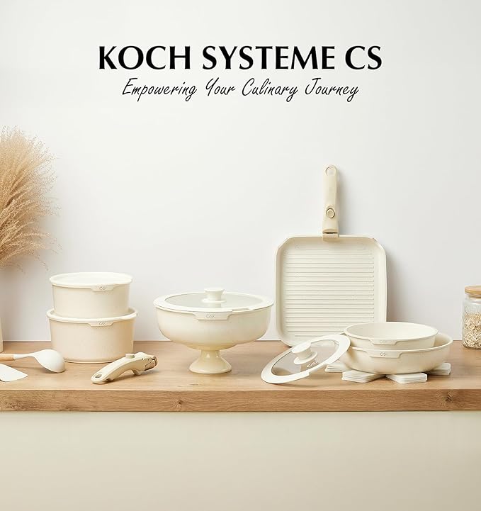 KOCH SYSTEME CS 18 Piece Pots and Pan Set Non Stick, Ceramic Cookware Set with Detachable Handle, RV Camping Stackable Kitchen Set, Pots and Pans Set Non Toxic, Induction Compatible, Oven Safe, 18PCS