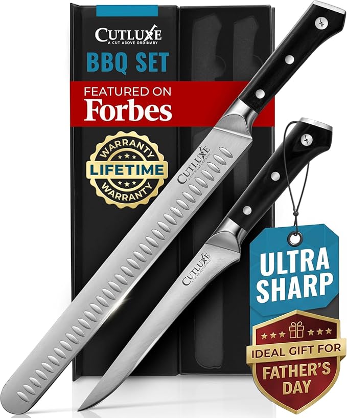 Cutluxe Carving Knife Set for BBQ & Brisket – Razor Sharp German Steel Slicing and Boning Knife for Meat Cutting, Full Tang & Ergonomic Handle, Fathers Day Gift For Dad – Artisan Series