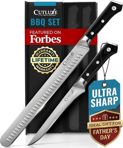 Cutluxe Carving Knife Set for BBQ & Brisket – Razor Sharp German Steel Slicing and Boning Knife for Meat Cutting, Full Tang & Ergonomic Handle, Fathers Day Gift For Dad – Artisan Series