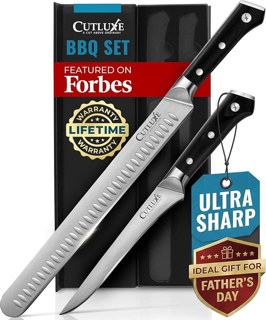 Cutluxe Carving Knife Set for BBQ & Brisket – Razor Sharp German Steel Slicing and Boning Knife for Meat Cutting, Full Tang & Ergonomic Handle, Fathers Day Gift For Dad – Artisan Series