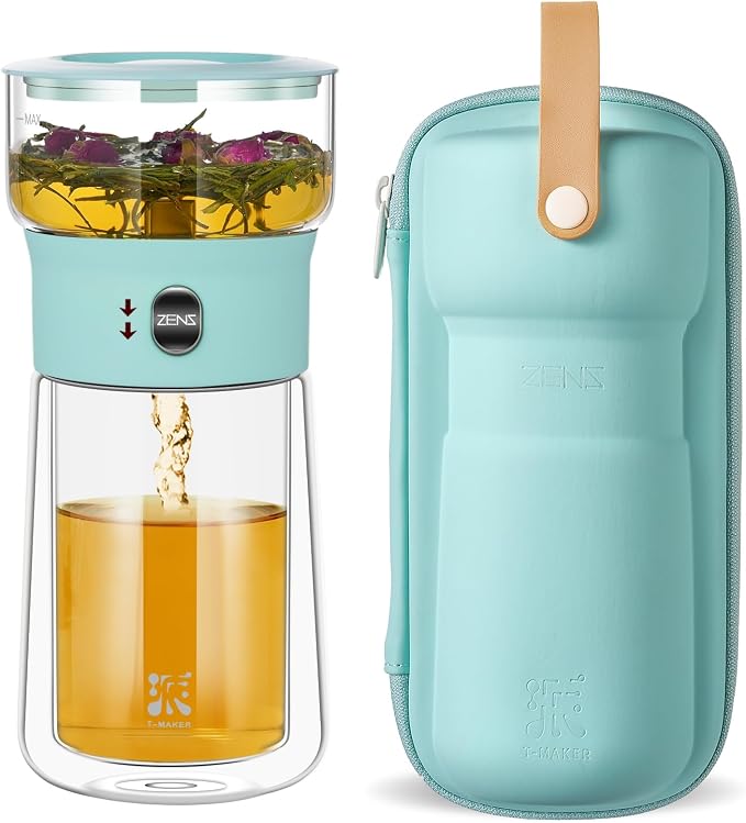 ZENS Modern Glass Tea Infuser Teapot, Smart One Touch Tea Maker for Loose Tea Diffusers with Insulated Mug and Cute Portable Tea Kits for Tea Lover Gifts