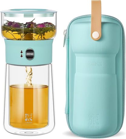 ZENS Modern Glass Tea Infuser Teapot, Smart One Touch Tea Maker for Loose Tea Diffusers with Insulated Mug and Cute Portable Tea Kits for Tea Lover Gifts