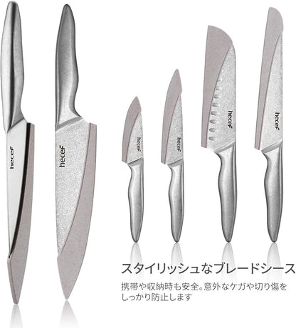 hecef Vintage Style Kitchen Knife Sets,Scratch Resistant Camping Matte Knives with 5 Slots Recycled Oxford Cloth Knife Roll Bag & Covers,Stonewashed High Carbon Stainless Steel Blades & Hollow Handle