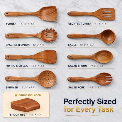 9-Piece Teak Wooden Utensil Set – Wooden Spoons for Cooking with Spoon Rest, Wooden Spatula, and Non Toxic Cooking Utensils – Premium Kitchen Utensils Set for Daily Use