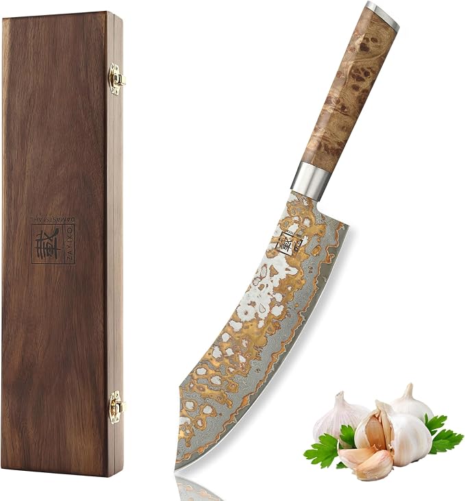 zayiko 7.9 Inch Damascus Carving Knife, VG10 Core, Meat Slicing Knife for Brisket, BBQ, Roast & Turkey, 67-Layer Copper Damascus Steel, 60 HRC, Maple Root Wood Handle, Wooden Gift Box