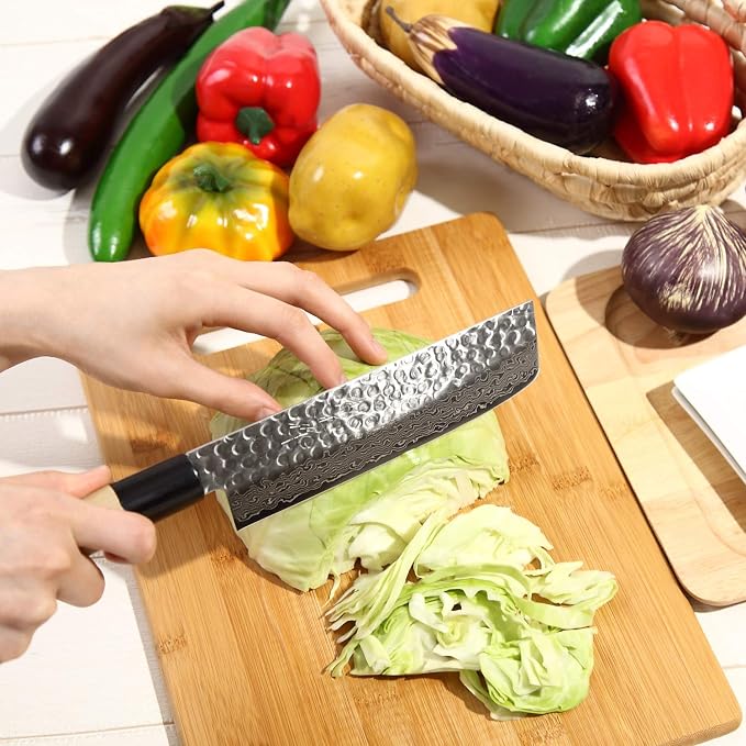 Japanese Vegetable Knife Hammered Damascus VG-10 46 Layer D-Shape Magnolia Wood Handle, Nakiri 6.3-inch (160mm)