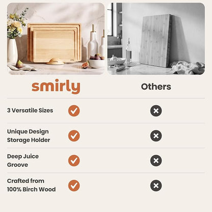 SMIRLY Wooden Cutting Board for Kitchen - Birch Wood Cutting Boards for Meal Prep, Serving, Charcuterie - Kitchen Gadgets, House Warming Gifts - Wood Chopping Board Set of 3 with Holder