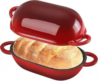Enameled Cast Iron Oval Dutch Oven Pot with Lid, 5 QT Dutch Oven for Sourdough Bread Baking, Bread Loaf Pan with Lid & Bread Oven (Red)