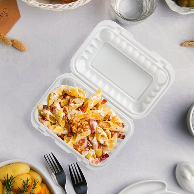 9x6 27 oz 50 Pack To Go Containers - Shrink Wrap Ready to Use | Mineral Filled PP BPA Free Clamshell | Freezer Microwave Safe | White Reusable Food Boxes for Commercial, Sandwiches & Salad